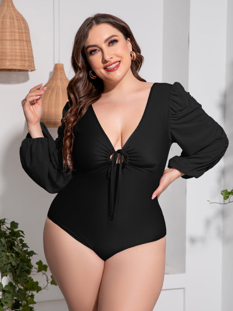 Plus Size Tied Deep V Balloon Sleeve One-Piece Swimsuit - Nicole Lee Apparel