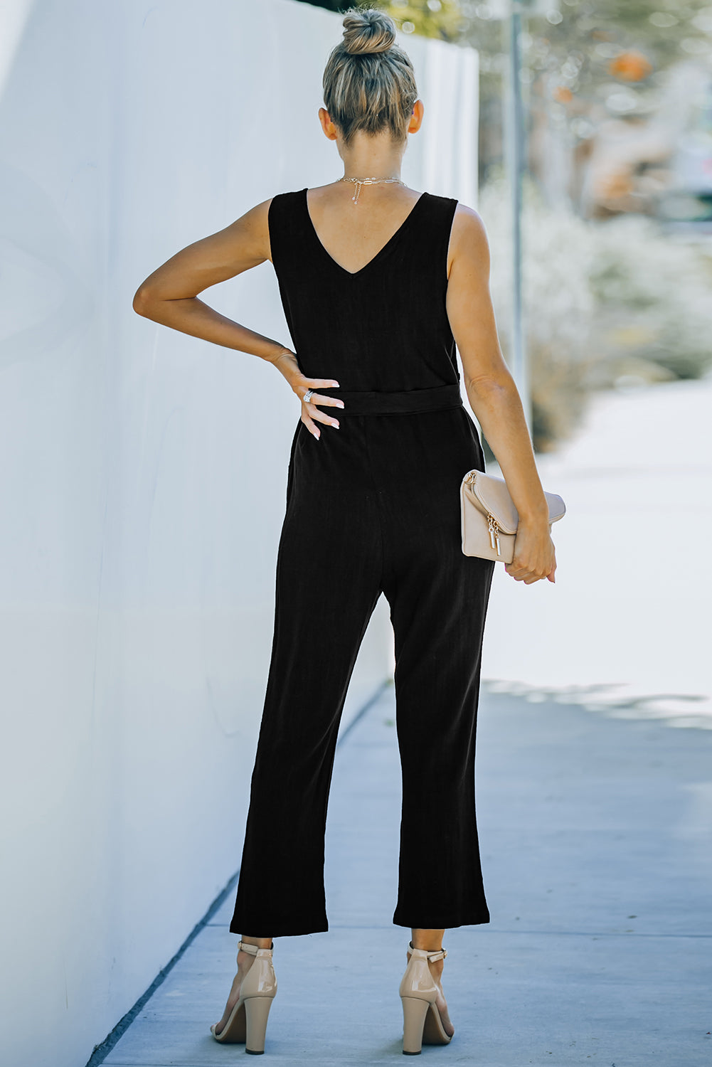 V-Neck Tie Waist Sleeveless Jumpsuit - Nicole Lee Apparel