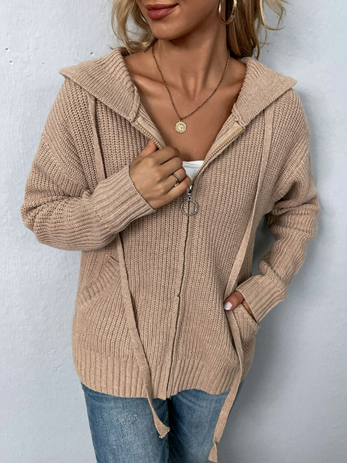 Zip-Up Drawstring Detail Hooded Cardigan - Nicole Lee Apparel