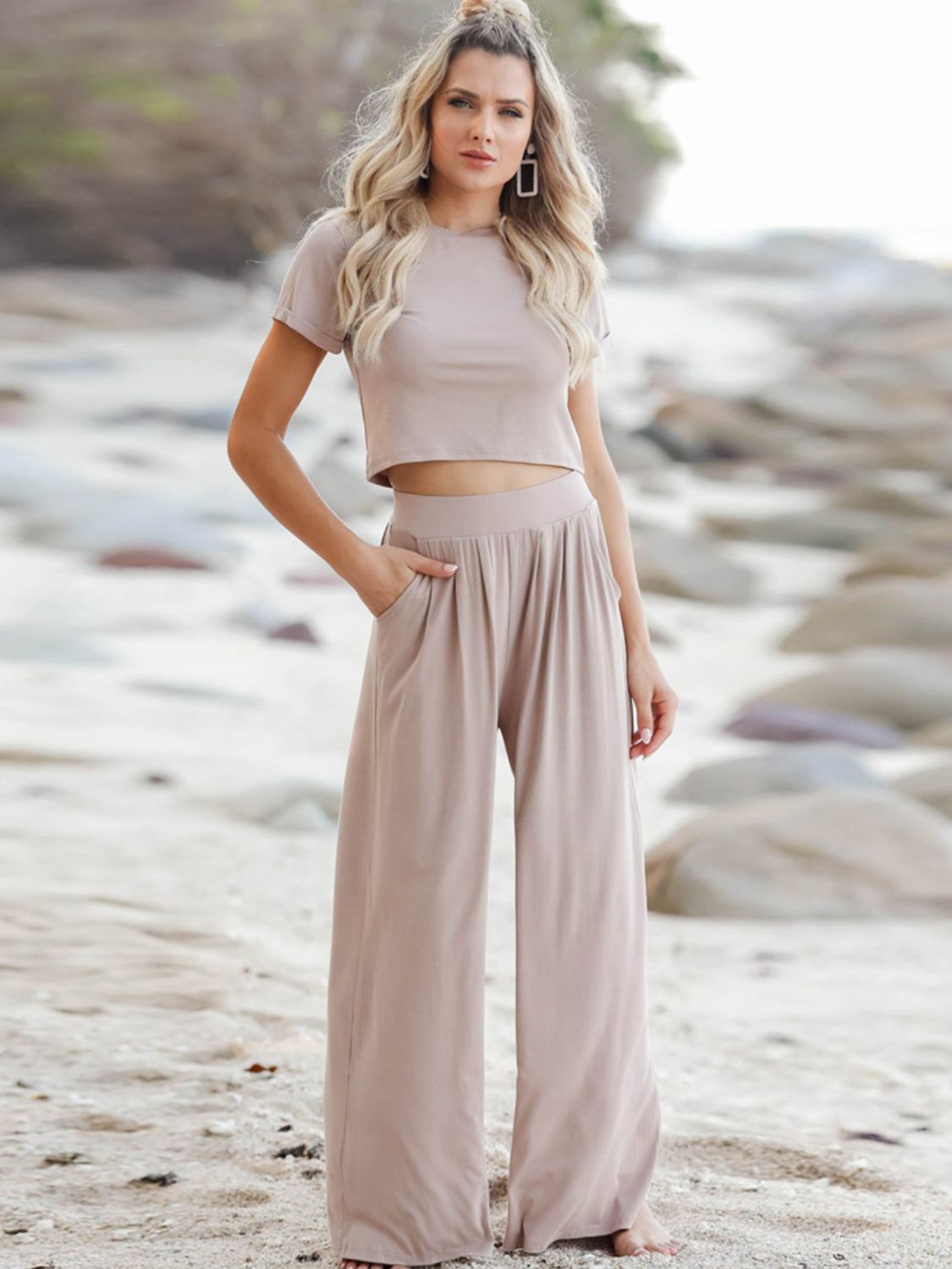 Short Sleeve T-Shirt and Wide Leg Pants Set - Nicole Lee Apparel