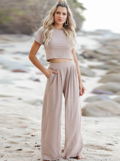 Short Sleeve T-Shirt and Wide Leg Pants Set - Nicole Lee Apparel