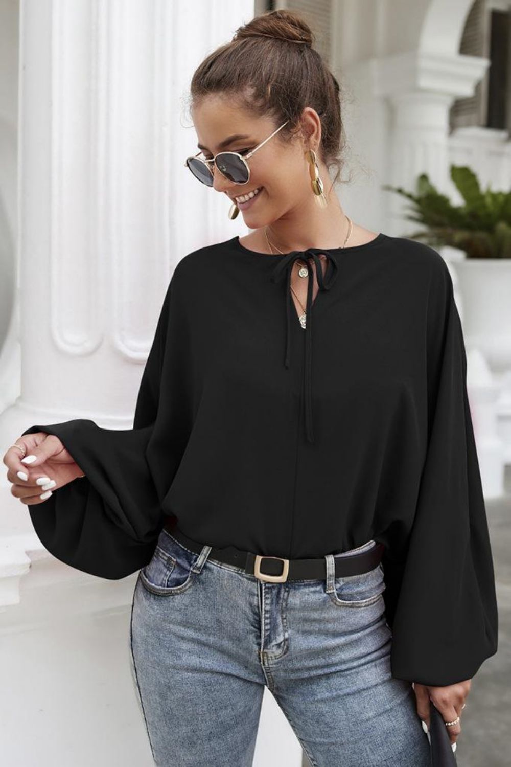 Tie Neck Balloon Sleeve Blouse - Nicole Lee Apparel