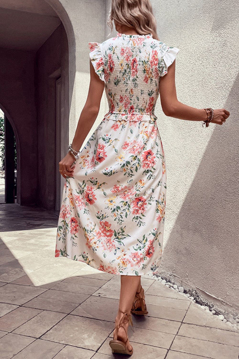 Floral Smocked Butterfly Sleeve Slit Dress - Nicole Lee Apparel