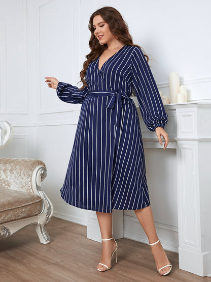 Plus Size Striped Surplice Neck Long Sleeve Dress - Nicole Lee Apparel