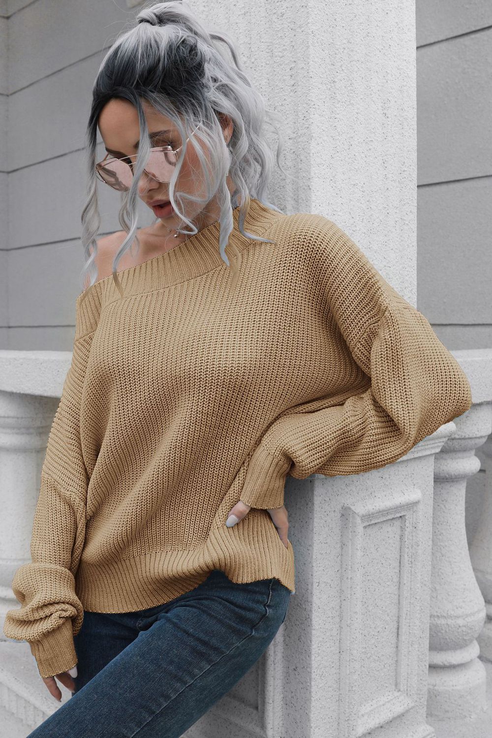 Off-Shoulder Ribbed Long Sleeve Pullover Sweater - Nicole Lee Apparel