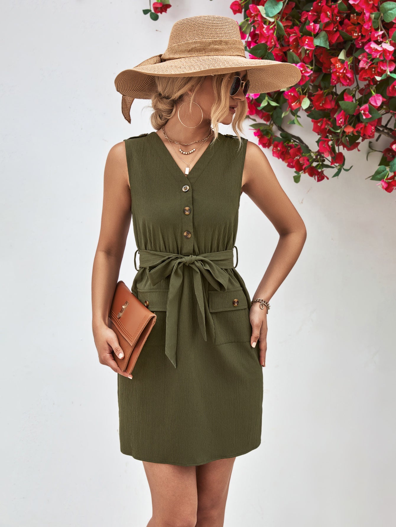 Buttoned V-Neck Belted Sleeveless Dress - Nicole Lee Apparel