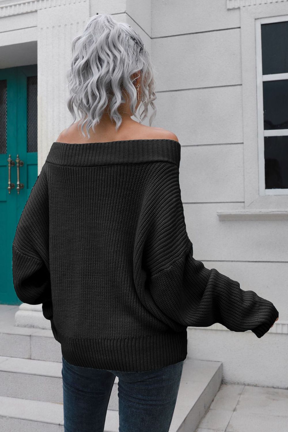 Off-Shoulder Ribbed Long Sleeve Pullover Sweater - Nicole Lee Apparel