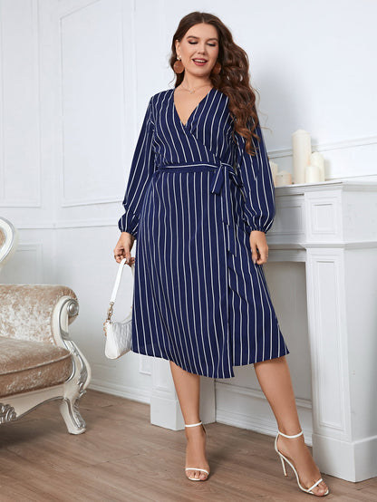 Plus Size Striped Surplice Neck Long Sleeve Dress - Nicole Lee Apparel