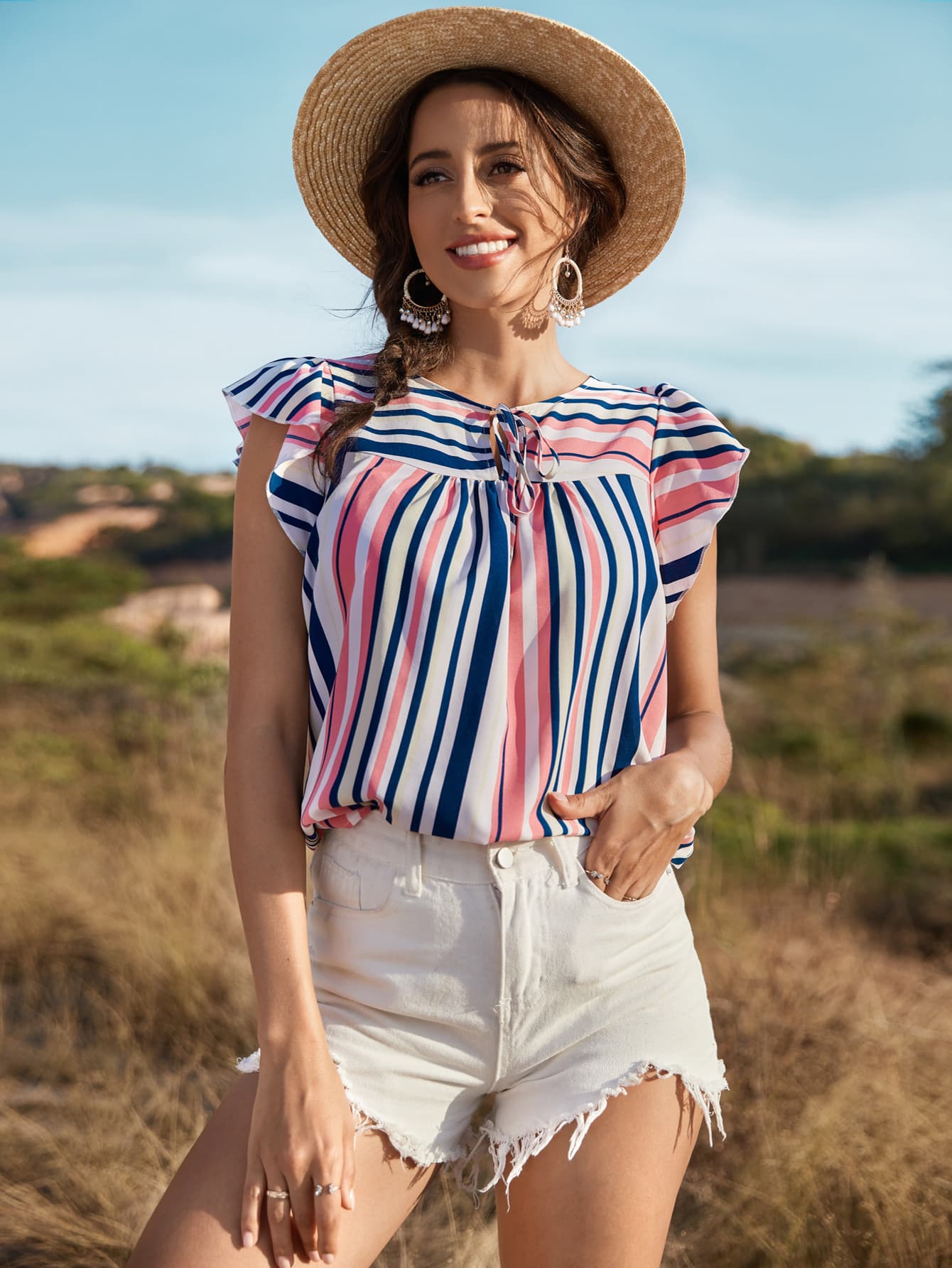 Striped Flutter Sleeve Tied Blouse - Nicole Lee Apparel