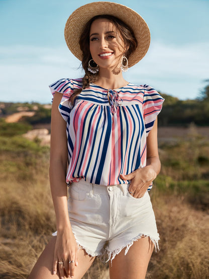 Striped Flutter Sleeve Tied Blouse - Nicole Lee Apparel