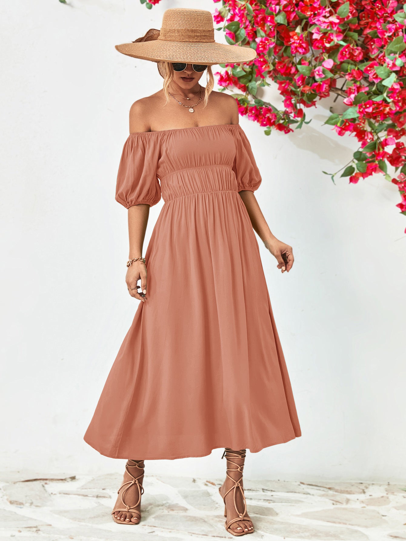 Off-Shoulder Balloon Sleeve Midi Dress - Nicole Lee Apparel