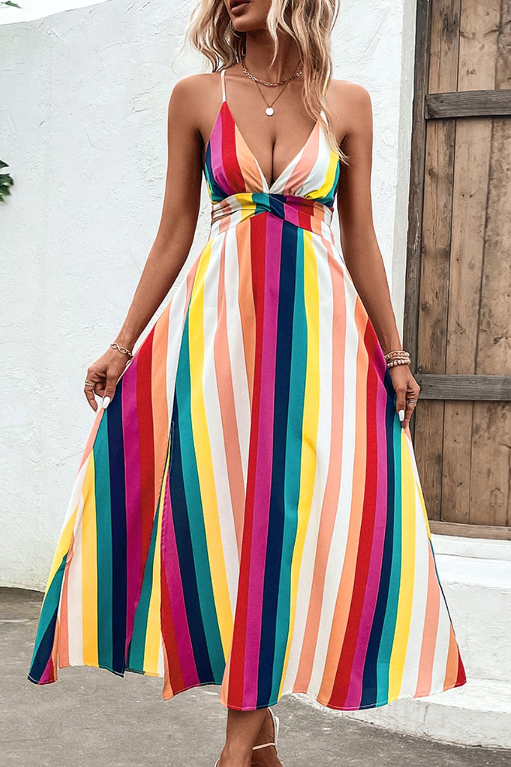 Multicolored Stripe Crisscross Backless Dress - Nicole Lee Apparel