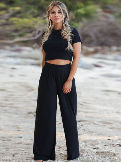 Short Sleeve T-Shirt and Wide Leg Pants Set - Nicole Lee Apparel