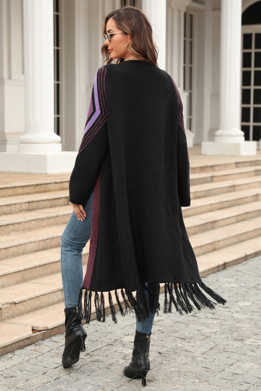 Geometric Fringe Hem Open Front Duster Cardigan - Nicole Lee Apparel