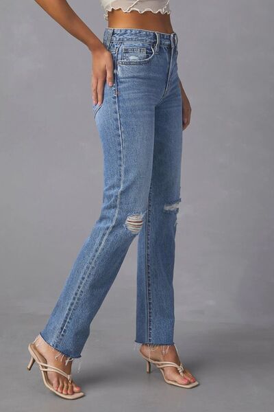 Distressed Raw Hem Straight Jeans with Pockets - Nicole Lee Apparel