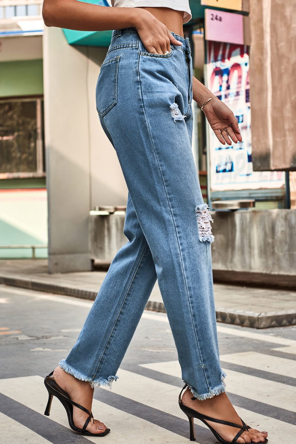 Distresssed Buttoned Loose Fit Jeans - Nicole Lee Apparel