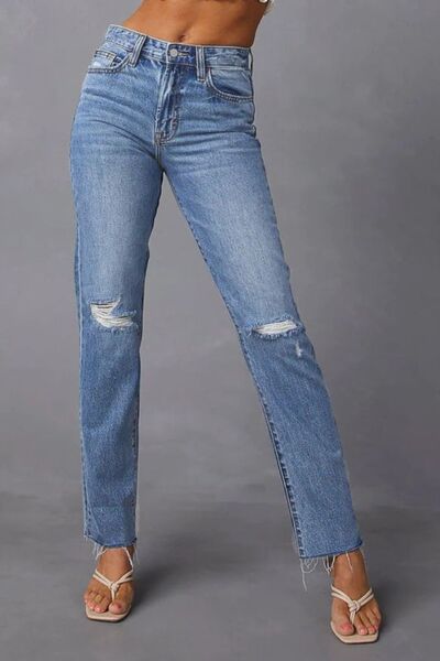 Distressed Raw Hem Straight Jeans with Pockets - Nicole Lee Apparel