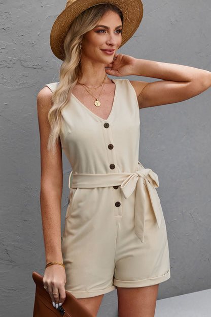 Button Front Belted Sleeveless Romper - Nicole Lee Apparel