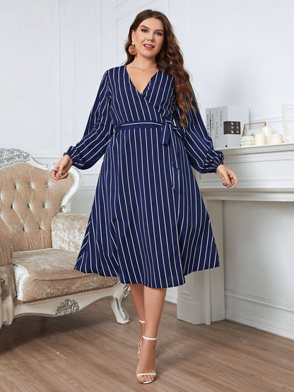 Plus Size Striped Surplice Neck Long Sleeve Dress - Nicole Lee Apparel