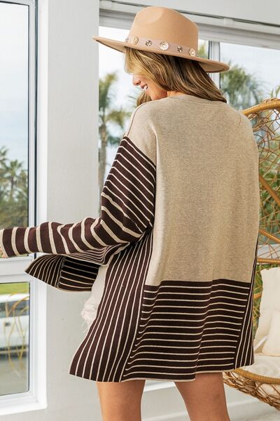 BiBi Striped Contrast Long Sleeve Slit Top - Nicole Lee Apparel