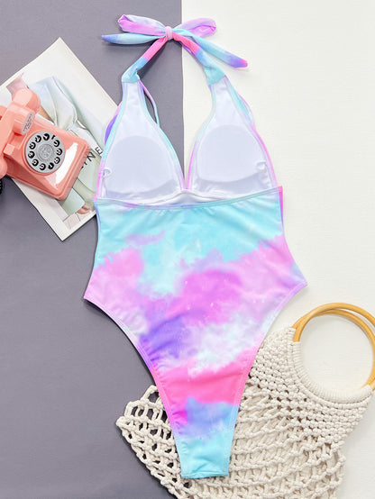 Tie-Dye Halter Neck One-Piece Swimsuit - Nicole Lee Apparel