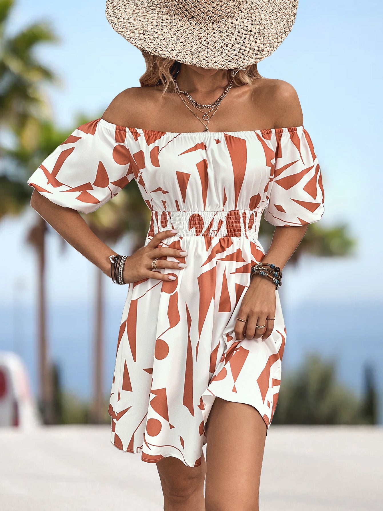 Printed Off-Shoulder Smocked Waist Dress - Nicole Lee Apparel