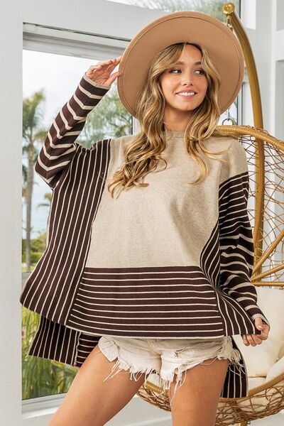 BiBi Striped Contrast Long Sleeve Slit Top - Nicole Lee Apparel