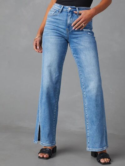 Slit Buttoned Jeans with Pockets - Nicole Lee Apparel