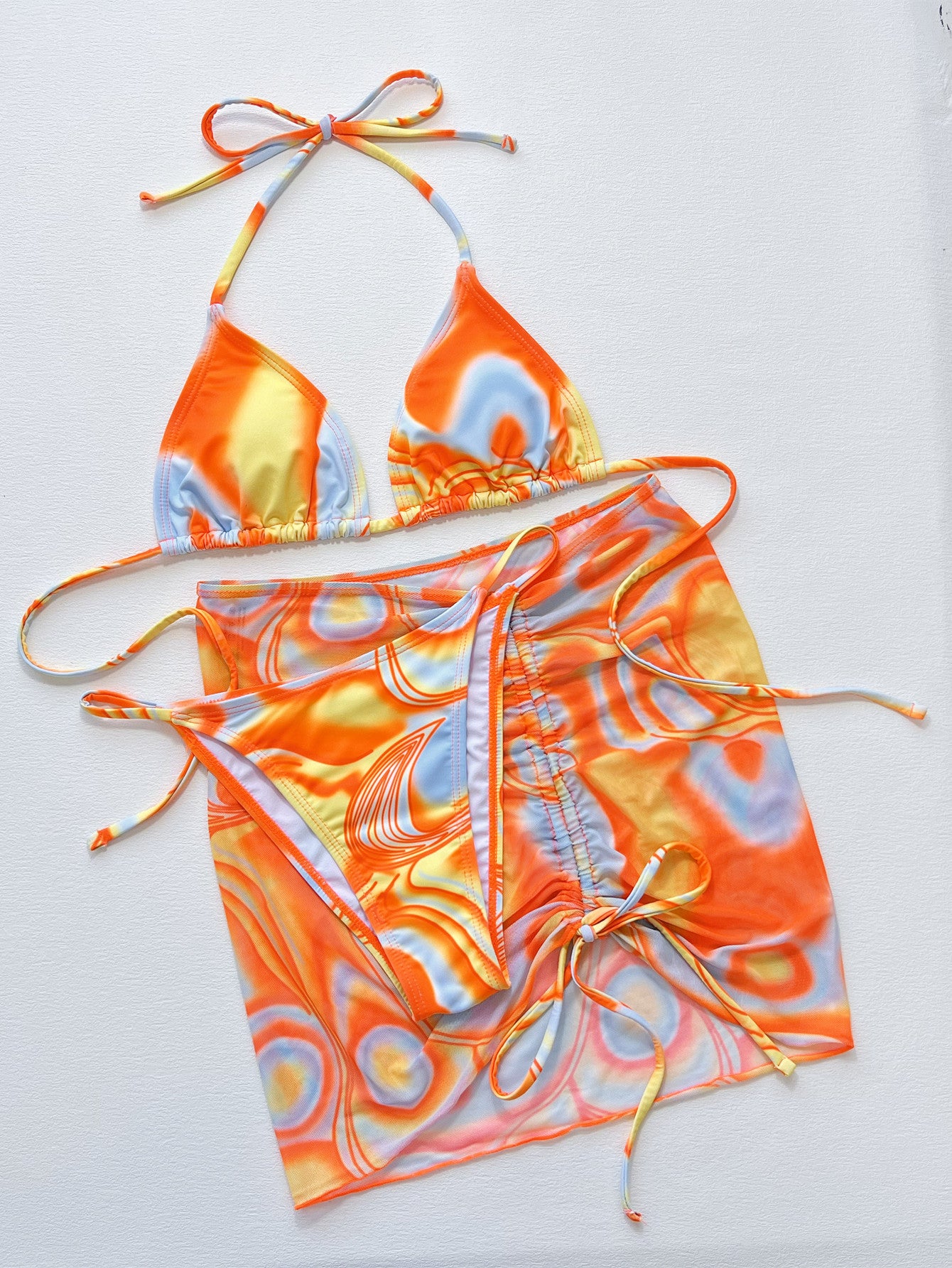 Multicolored Drawstring Ruched Three-Piece Swim Set - Nicole Lee Apparel
