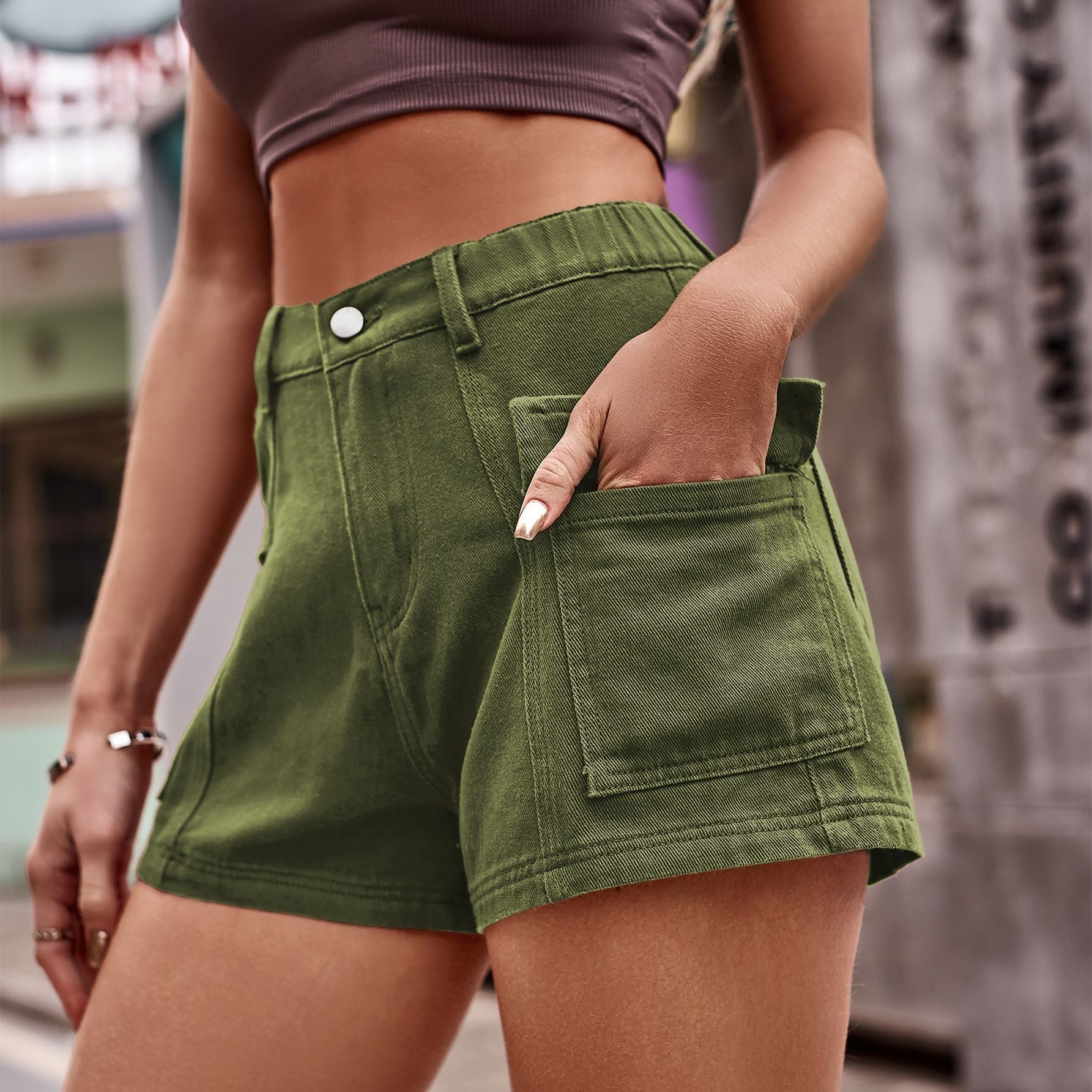 High-Waist Denim Shorts with Pockets - Nicole Lee Apparel