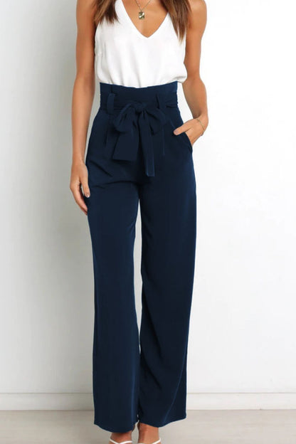 Tie Front Paperbag Wide Leg Pants - Nicole Lee Apparel