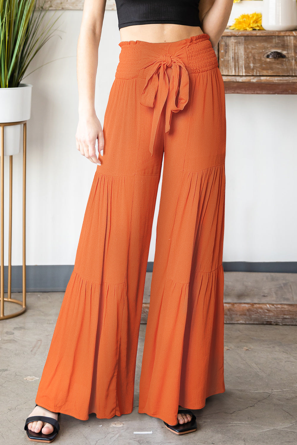 Tied Smocked Waist Tiered Culottes - Nicole Lee Apparel