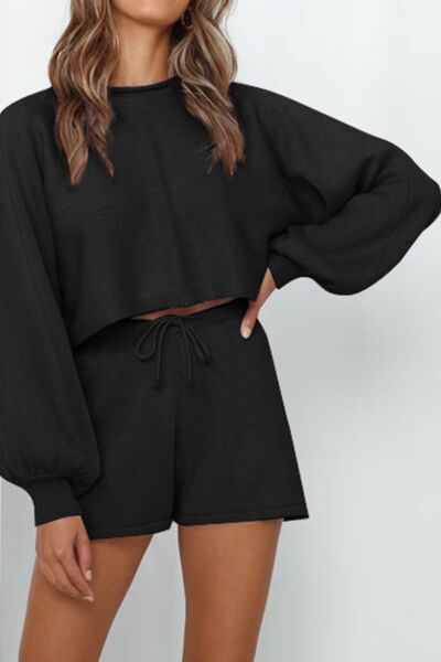 Round Neck Long Sleeve Top and Drawstring Shorts Lounge Set - Nicole Lee Apparel