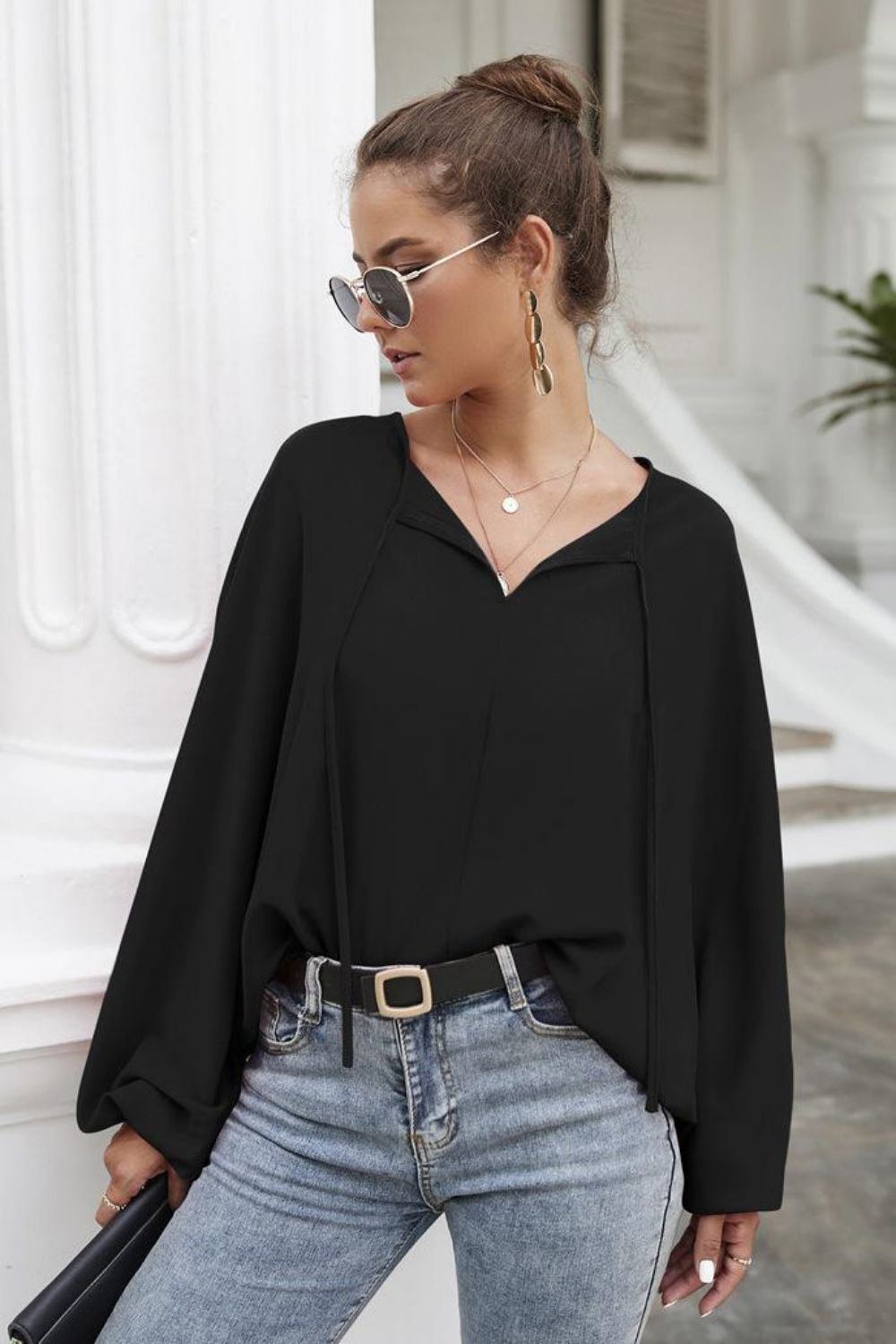 Tie Neck Balloon Sleeve Blouse - Nicole Lee Apparel