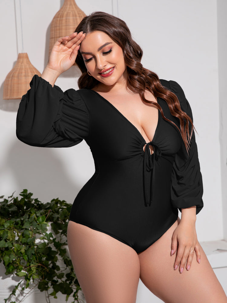 Plus Size Tied Deep V Balloon Sleeve One-Piece Swimsuit - Nicole Lee Apparel