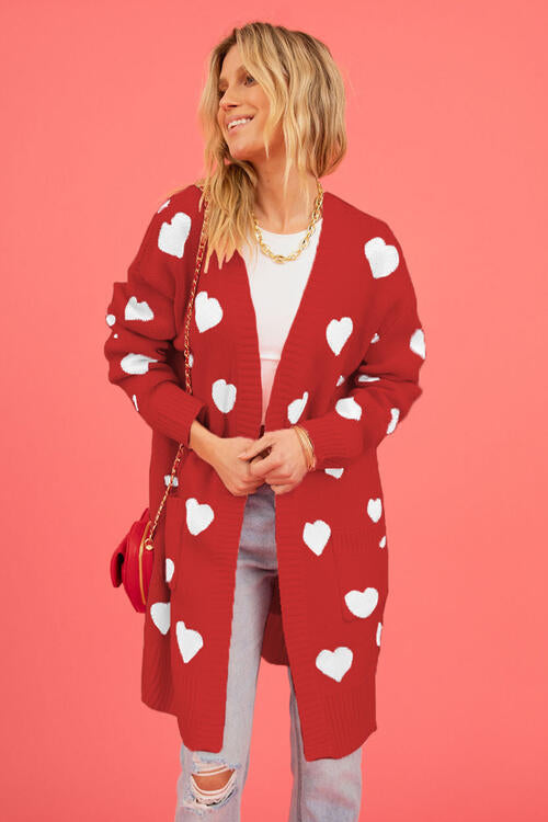Heart Graphic Open Front Cardigan with Pockets - Nicole Lee Apparel