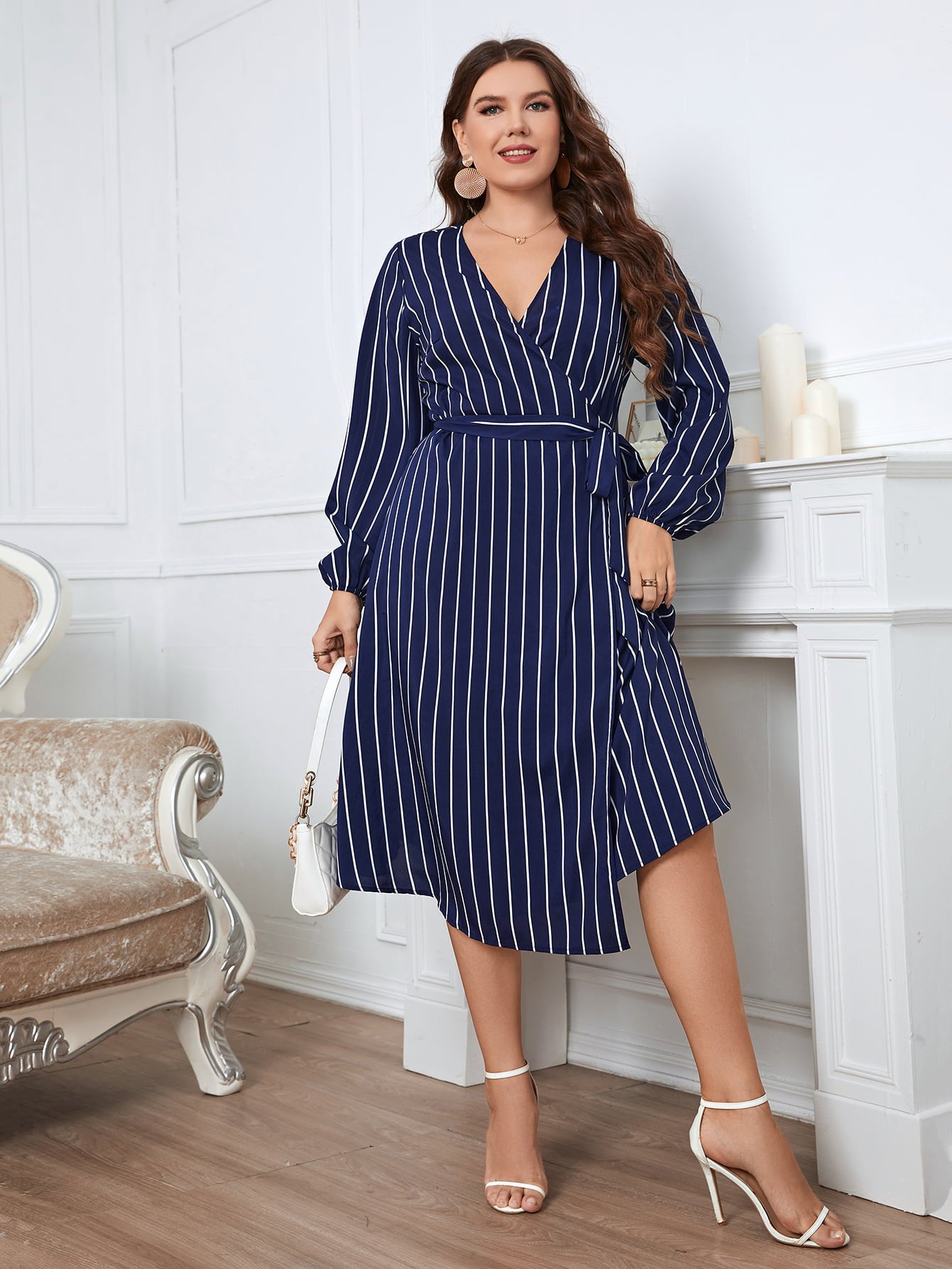 Plus Size Striped Surplice Neck Long Sleeve Dress - Nicole Lee Apparel