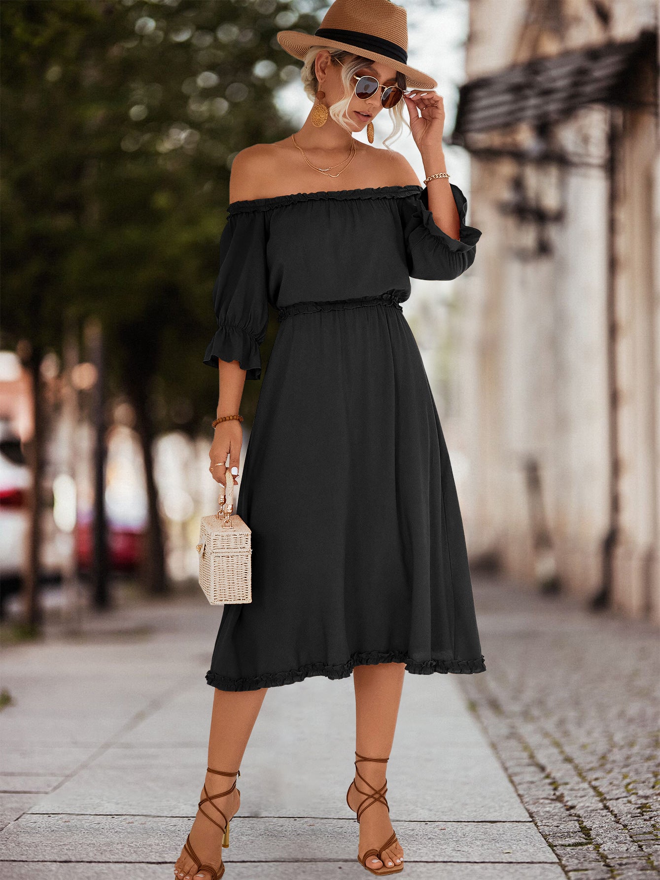 Frilled Off-Shoulder Flounce Sleeve Dress - Nicole Lee Apparel