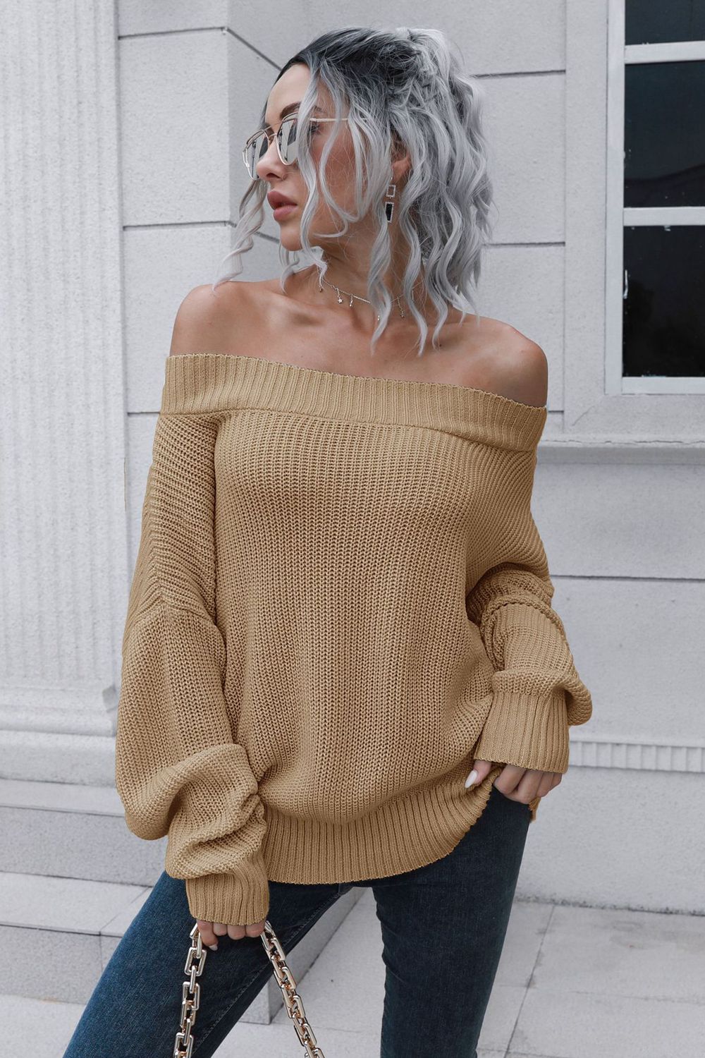 Off-Shoulder Ribbed Long Sleeve Pullover Sweater - Nicole Lee Apparel