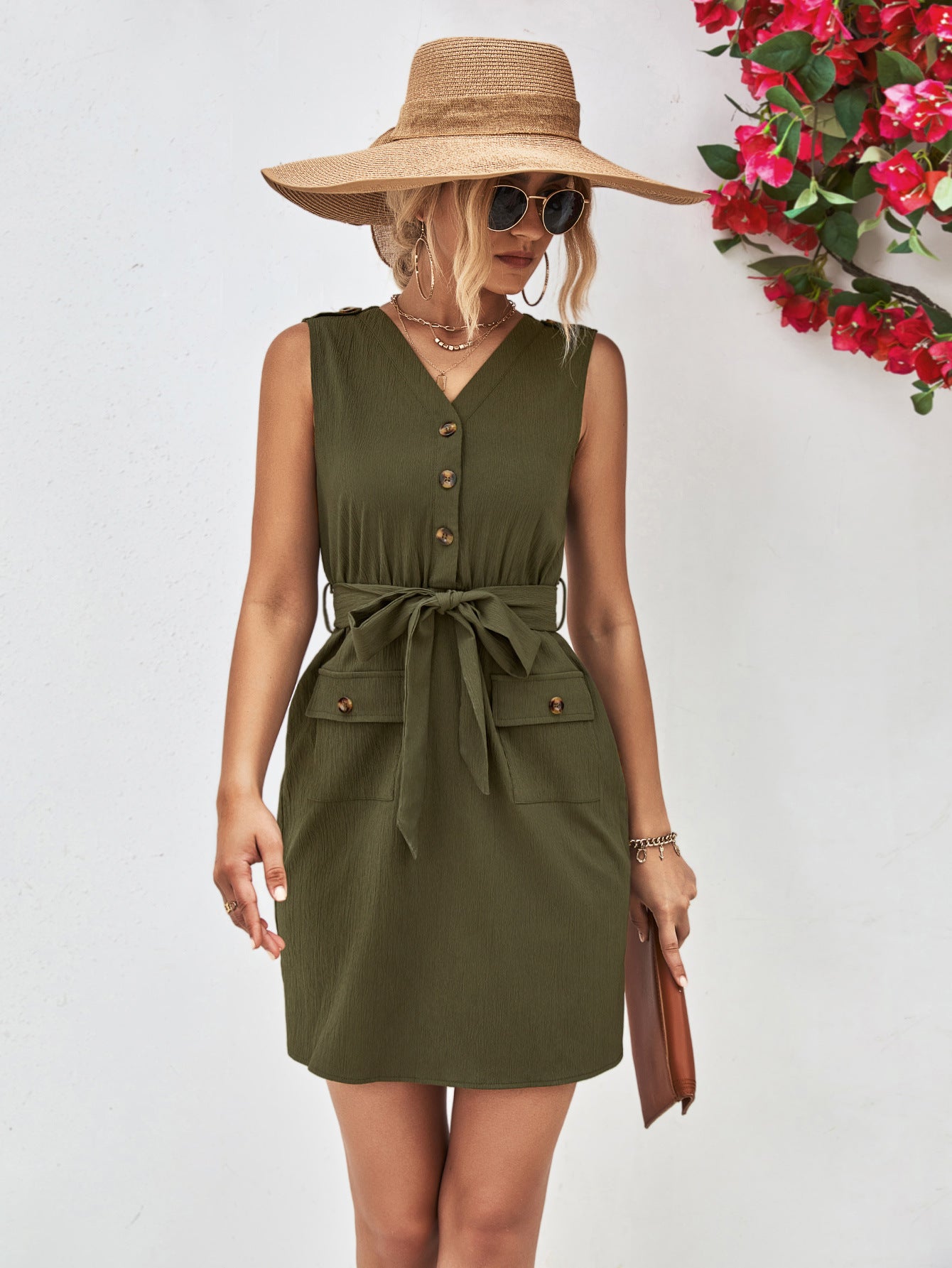 Buttoned V-Neck Belted Sleeveless Dress - Nicole Lee Apparel