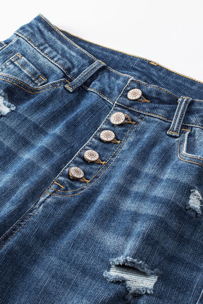 Button-Fly Distressed Jeans with Pockets - Nicole Lee Apparel