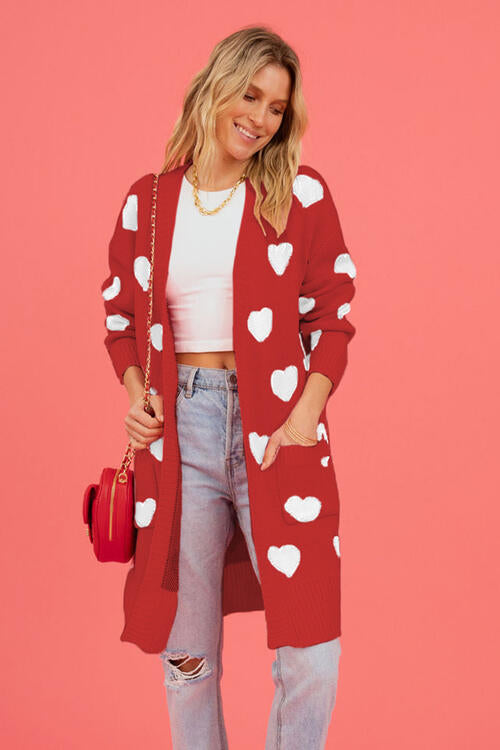 Heart Graphic Open Front Cardigan with Pockets - Nicole Lee Apparel