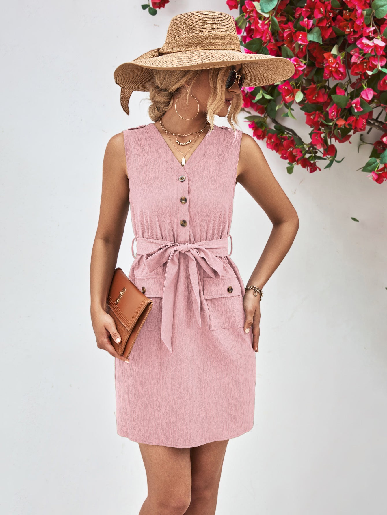 Buttoned V-Neck Belted Sleeveless Dress - Nicole Lee Apparel
