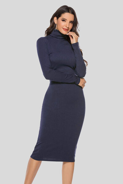 Ribbed Turtleneck Long Sleeve Dress - Nicole Lee Apparel