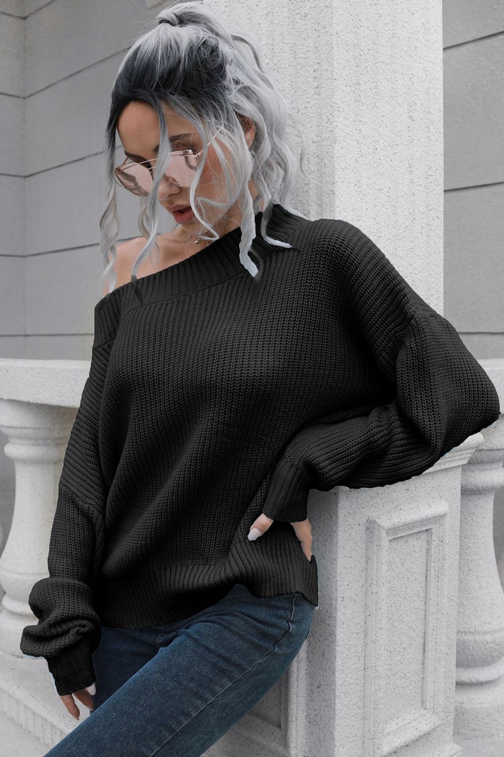 Off-Shoulder Ribbed Long Sleeve Pullover Sweater - Nicole Lee Apparel