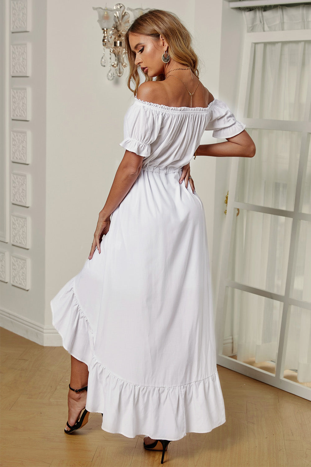 Off-Shoulder Drawstring Waist Ruffled High-Low Dress - Nicole Lee Apparel