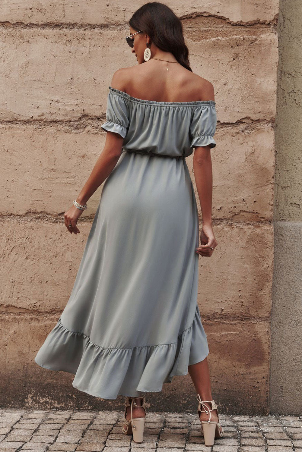 Off-Shoulder Drawstring Waist Ruffled High-Low Dress - Nicole Lee Apparel