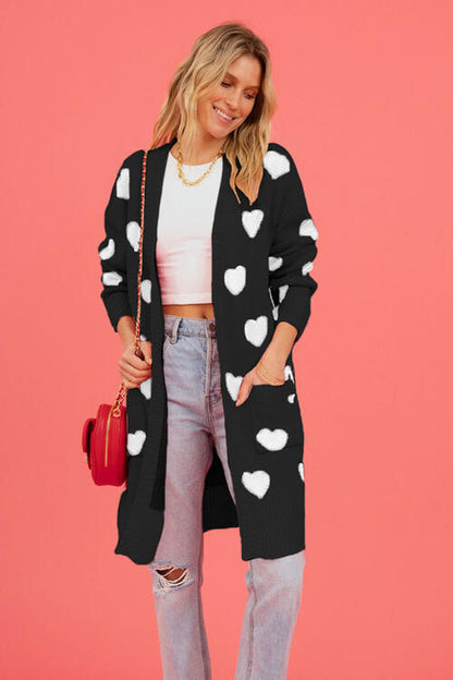 Heart Graphic Open Front Cardigan with Pockets - Nicole Lee Apparel