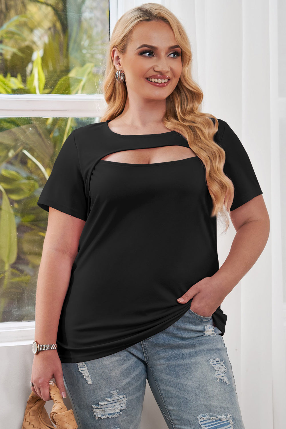 Plus Size Cutout Round Neck Short Sleeve Tee - Nicole Lee Apparel