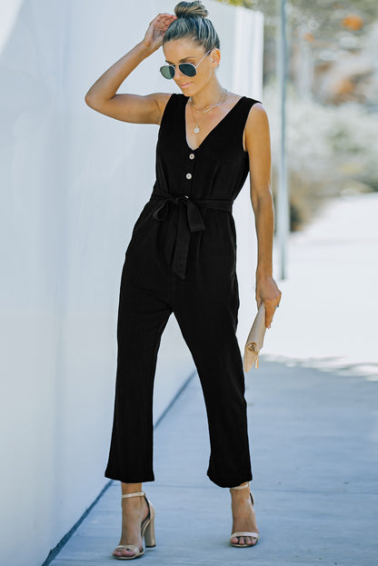 V-Neck Tie Waist Sleeveless Jumpsuit - Nicole Lee Apparel